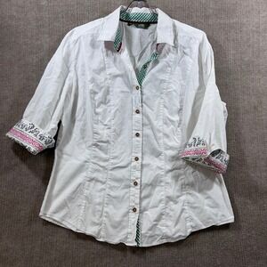 Arido Women's White Button Down Shirt 3/4 Sleeve Gingham Trim Size 46 us l